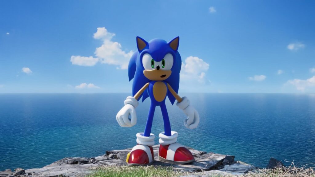 Sonic Frontiers - Sonic on standing on a cliff, looking surprised